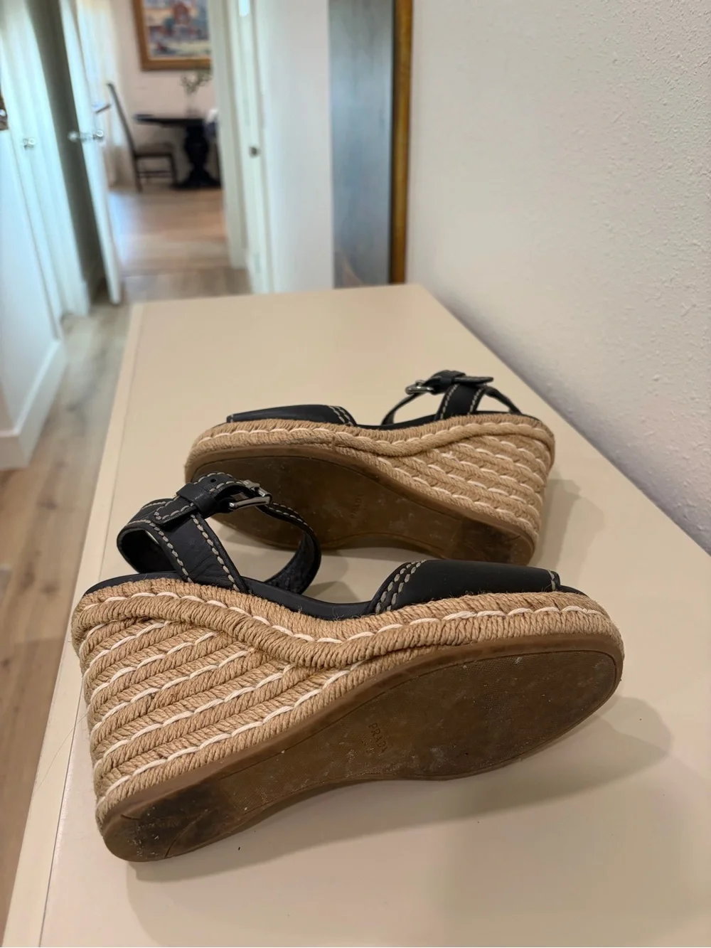 Prada Black Leather Espadrille Wedge Sandals with Contrast Stitching